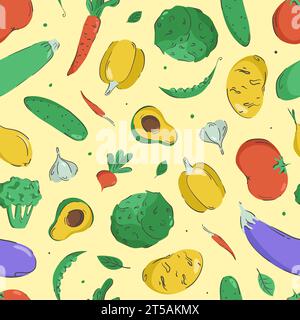 Motif sans couture de légumes dessinés à la main. Illustration vectorielle. Fruits colorés et minimalistes sur fond jaune Illustration de Vecteur