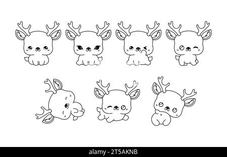 Collection de Vector Cartoon Deer Coloriage page. Ensemble de Kawaii Isolated Forest Animal Outline pour autocollants, douche de bébé, livre de coloriage, impressions pour Illustration de Vecteur