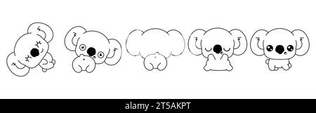 Ensemble de Kawaii Isolated Koala page à colorier. Collection de dessin animé vectoriel mignon Animal Outline pour autocollants, douche de bébé, livre de coloriage, impressions pour Illustration de Vecteur