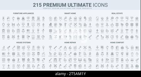 Immobilier, maison intelligente et service de réparation de bâtiments icônes fines de ligne noire définir illustration vectorielle. Symboles de contour de contrôle d'automatisation pour le système de maison, meubles et appareils, accès au confort Illustration de Vecteur