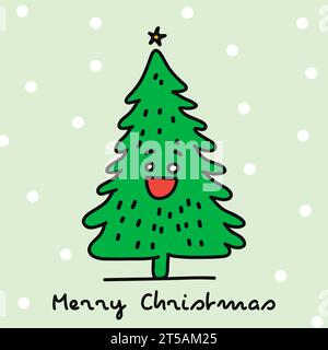 Carte de voeux Joyeux Noël avec arbre de Noël de dessin animé souriant. Design plat dans un style griffonné. Modèle de bannière carrée festive. Illustration vectorielle Illustration de Vecteur