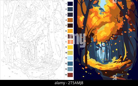 Automne, peinture par nombres pour adultes, peinture par nombres kits, concept art, palette de couleurs chaudes, faible détail, vecteur, motif plat, peinture par numéro Illustration de Vecteur