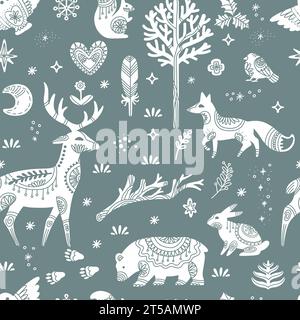 Motif sans couture avec des silhouettes abstraites d'animaux boisés ornés cerfs, ours, renard et flocons de neige sur fond gris. Illustration scandinave. Pour p Illustration de Vecteur