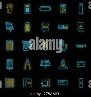 Icônes d'équipement d'énergie solaire définies. Illustration de contour de 25 icônes vectorielles de cargaison d'équipement d'énergie solaire couleur néon sur noir Illustration de Vecteur