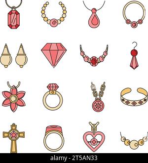Bijoux collier icônes de luxe ensemble. Illustration de contour de 16 symboles vectoriels de luxe de collier de bijoux couleur fine de ligne à plat sur blanc Illustration de Vecteur