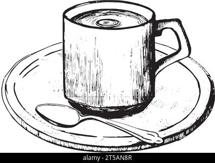 Tasse à thé avec soucoupe et cuillère sur fond blanc, dessiné en vecteur en noir. Convient pour l'impression sur tissu et papier, pour la conception de menus Illustration de Vecteur