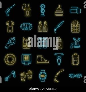 Jeu d'icônes de fournitures de plongée en apnée. Contour ensemble de fournitures de plongée en apnée icônes vectorielles couleur néon sur noir Illustration de Vecteur