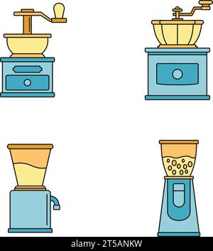 Jeu d'icônes pour moulin à café. Contour ensemble d'icônes vectorielles d'appareil de moulin à café couleur de ligne mince plat sur blanc Illustration de Vecteur