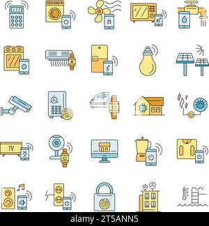 Jeu d'icônes de bâtiment intelligent. Contour ensemble d'icônes de vecteur de bâtiment intelligent couleur de ligne mince plat sur blanc Illustration de Vecteur