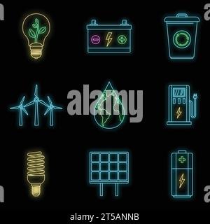 Icône d'économie d'énergie définie. Contour ensemble d'icônes de vecteur d'économie d'énergie couleur néon sur noir Illustration de Vecteur