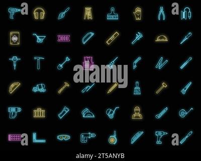 Jeu d'icônes de construction pour les travailleurs de la maçonnerie. Contour ensemble d'icônes vectorielles de construction de travailleur de maçonnerie couleur néon sur noir Illustration de Vecteur