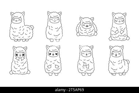 Ensemble de pages de coloriage de lama isolé Kawaii. Collection de dessin animé vectoriel mignon Baby Lama Outline pour autocollants, douche de bébé, livre de coloriage, impressions pour Illustration de Vecteur