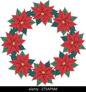 Couronne décorative de Noël ou du nouvel an de fleurs rouges poinsettia avec des feuilles vertes. Décor floral isolé pour la conception de cartes de voeux, invitation, holid Illustration de Vecteur