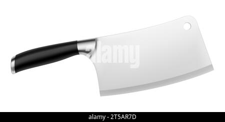 Couteau de chef chinois. Couteau de couperet à viande avec un manche noir isolé sur un fond blanc. Couteau de boucher, rendu réaliste 3D, illustration vectorielle. Illustration de Vecteur