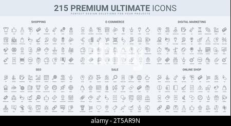 Commerce électronique et achats, ventes en magasin de détail, service SEO icônes fines de ligne noire définir illustration vectorielle. Soulignez les symboles de la stratégie marketing numérique et des pictogrammes d'analyse, de livraison et de soutien Illustration de Vecteur