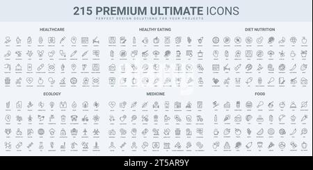 Technologie écologique verte, nutrition saine, soins médicaux dans les icônes fines de ligne noire de l'hôpital définir l'illustration vectorielle. Soulignez les symboles de l'écologie et du régime alimentaire, les médicaments et le menu des vitamines pour le contrôle du poids Illustration de Vecteur