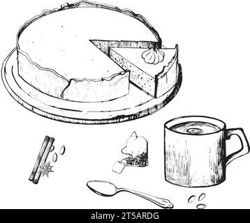 Tarte à la citrouille avec une tasse de thé, épices, cuillère dessinée en vecteur sur un fond blanc avec une ligne noire. Convient pour l'impression sur tissu, vaisselle Illustration de Vecteur