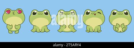 Collection de Vector Cartoon Frog Art. Ensemble d'illustrations amphibiennes isolées Kawaii pour impressions pour vêtements, autocollants, douche de bébé, pages à colorier Illustration de Vecteur