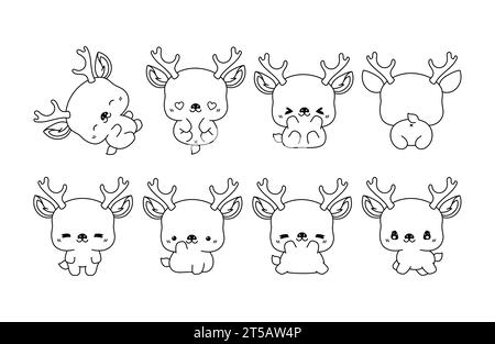 Ensemble de page de coloriage de cerf isolé Kawaii. Collection de dessin animé vectoriel mignon Animal Outline pour autocollants, douche de bébé, livre de coloriage, impressions pour Illustration de Vecteur