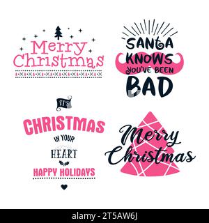 T-shirt imprimé coloré de Noël Designs Set avec des citations - Santa sait que vous avez été mauvais. Badge Joyeux Noël isolé sur blanc. Joyeuses fêtes stock Illustration de Vecteur