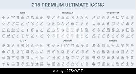 Construction et réparation à la maison, travail et sécurité dans l'industrie des icônes fines de ligne noire définir l'illustration vectorielle. Décrire les symboles de l'équipement et des outils pour le service de construction et d'entretien, l'inspection Illustration de Vecteur