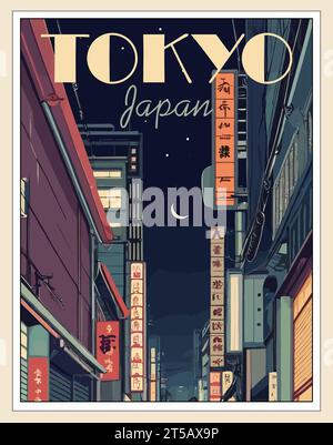 Affiche de voyage Tokyo Japon dans un style rétro. Illustration de Vecteur