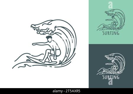 Logo d'art de ligne de surf d'un homme surfant dans une illustration vectorielle de vague d'océan roulant Illustration de Vecteur