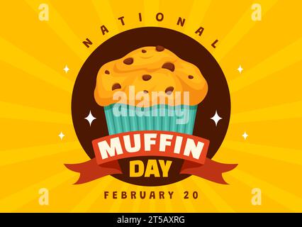 Illustration vectorielle du jour national du muffin le 20 février avec des muffins classiques de nourriture aux pépites de chocolat délicieux dans l'illustration de dessin animé plat Illustration de Vecteur