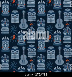 Éléments tribaux hawaïens Tiki, ukulele et hibiscus tissu abstrait vintage sans couture modèle dans des couleurs bleu foncé profond Illustration de Vecteur