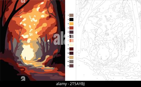 Automne, peinture par nombres pour adultes, peinture par nombres kits, concept art, palette de couleurs chaudes, faible détail, vecteur, motif plat, peinture par numéro Illustration de Vecteur