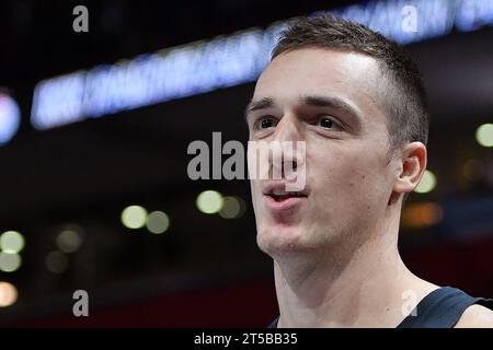 Belgrade, Serbie, 26 octobre 2023. Danilo Andjustic du Partizan Mozzart Bet Belgrade réagit lors du match 2023/2024 Turkish Airlines Euroleague, Round 5 entre Partizan Mozzart Bet Belgrade et Crvena Zvezda Meridianbet Belgrade à Stark Arena à Belgrade, Serbie. 26 octobre 2023. Crédit : Nikola Krstic/Alamy Banque D'Images