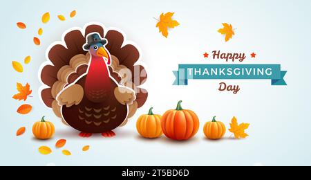 Bonne bannière de Thanksgiving Day avec Thanksgiving dinde, citrouilles, feuilles d'automne - illustration vectorielle de fond bleu Illustration de Vecteur