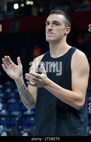 Belgrade, Serbie, 26 octobre 2023. Danilo Andjustic du Partizan Mozzart Bet Belgrade réagit lors du match 2023/2024 Turkish Airlines Euroleague, Round 5 entre Partizan Mozzart Bet Belgrade et Crvena Zvezda Meridianbet Belgrade à Stark Arena à Belgrade, Serbie. 26 octobre 2023. Crédit : Nikola Krstic/Alamy Banque D'Images