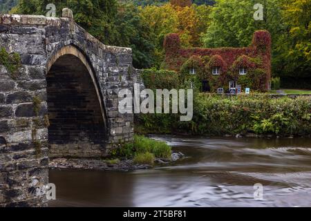 Le pont historique Pont Fawr et les Tearooms Tu Hwnt I'r Bont à Llanrwst, pays de Galles. Banque D'Images