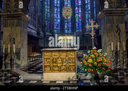 Der Aachener Dom, auch Hoher Dom zu Aachen, Aachener Münster oder Aachener Marienkirche, ist die Bischofskirche des Bistums Aachen und das bedeutendste Wahrzeichen der Stadt Aachen. Aix-la-Chapelle *** Cathédrale d'Aix-la-Chapelle, également connue sous le nom Cathédrale d'Aix-la-Chapelle, Minster d'Aix-la-Chapelle ou rue d'Aix-la-Chapelle Église de Marys, est l'église épiscopale du diocèse d'Aix-la-Chapelle et le point de repère le plus important de la ville d'Aix-la-Chapelle Banque D'Images