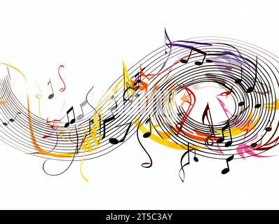 Dessin de feuille de musique colorée avec l'illustration des notes séparées, balayant les lignes surdessinées. Illustration de Vecteur