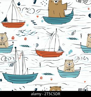 Dessin d'animaux mignons dans les bateaux enfants illustration de conception de motif de mer séparés, balayant des lignes surdessinées. Illustration de Vecteur