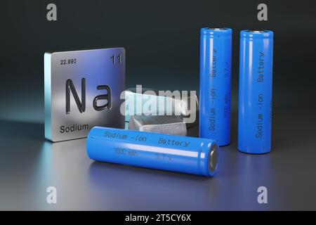 Batteries sodium-ion , sodium métallique et symbole d'élément. illustration 3d. Banque D'Images