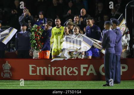 Hayes Lane, Royaume-Uni. 04 novembre 2023. James Husband #3 de Blackpool pose un wraith lors du match de la Emirates FA Cup Bromley FC vs Blackpool au Bromley football Club, Hayes Lane, Royaume-Uni, le 4 novembre 2023 (photo de Gareth Evans/News Images) à Hayes Lane, Royaume-Uni le 11/4/2023. (Photo Gareth Evans/News Images/Sipa USA) crédit : SIPA USA/Alamy Live News Banque D'Images