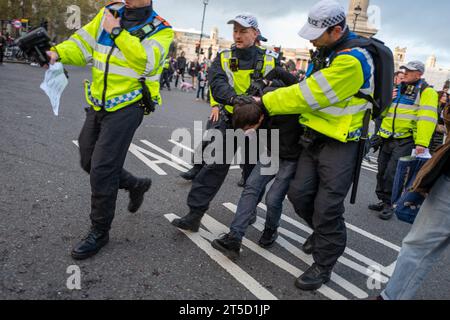 Londres, Royaume-Uni. 4 novembre 2023. La police métropolitaine a arrêté l'inconnu qui tenait une pancarte incendiaire disant ''˜Je vais faire exploser la Chambre des lords britanniques' lors d'une manifestation pro-palestinienne à Trafalgar Square. (Image de crédit : © Velar Grant/ZUMA Press Wire) USAGE ÉDITORIAL SEULEMENT! Non destiné à UN USAGE commercial ! Crédit : ZUMA Press, Inc./Alamy Live News Banque D'Images