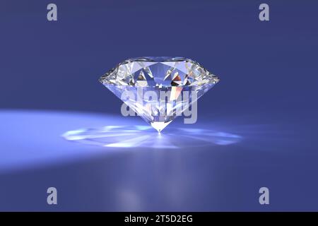 Un diamant brillant clair placé sur fond bleu brillant rendu 3D. Banque D'Images