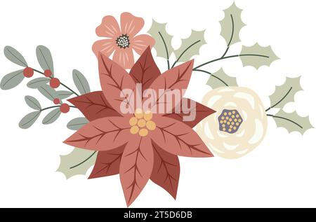 Composition florale de Noël hivernale avec pancetta et baies rouges. Conception pour les vacances carte d'invitation, affiche, bannière, carte de voeux, carte postale. Vecto Illustration de Vecteur