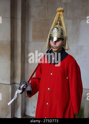 Soldats du sauveteur du roi à la relève de la garde dans leurs uniformes de cérémonie portant de longs manteaux pour la période froide de l'année à Whitehall, Londres, Royaume-Uni Banque D'Images