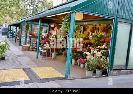 Fleuriste à côté de l'église de la Madeleine dans le centre de Paris, France Banque D'Images