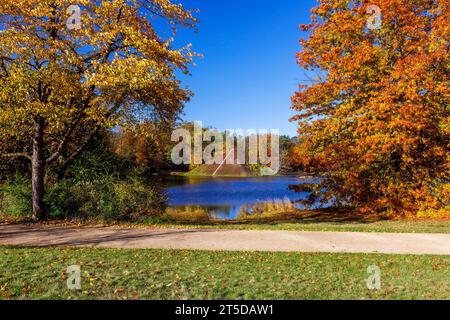 Herbst im Pueckler-Park Branitz DEU/Deutschland/Brandenburg/Cottbus, 04.11.2023, Herbst in Brandebourg, Fuerst-Pueckler-Park Branitz Branitzer Park in Cottbus, Wasserpyramide/Seepyramide Tumulus im Pyramidensee. In der Seepyramide befindet sich das Grab des Fuersten Pueckler - er ist 1871 im Tumulus beerdigt worden. *** Automne dans le parc Pueckler Branitz DEU Allemagne Brandenburg Cottbus, 04 11 2023, automne dans le Brandebourg, Fuerst Pueckler Park Branitz Branitzer Park dans Cottbus, pyramide d'eau lac pyramide tumulus dans la pyramide lac dans la pyramide du lac est la tombe du prince Pueckler il a été enterré Banque D'Images