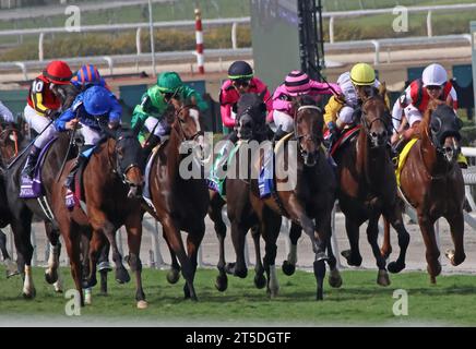 Arcadia, États-Unis. 04 novembre 2023. Master of the Seas (tout à gauche, soies bleues) vient de l'extérieur pour remporter le Breeders Cup Mile lors de la 40e édition des Breeders' Cup Championships au Santa Anita Park à Arcadia, en Californie. Le samedi 4 novembre 2023. Photo de Mark Abraham/UPI crédit : UPI/Alamy Live News Banque D'Images