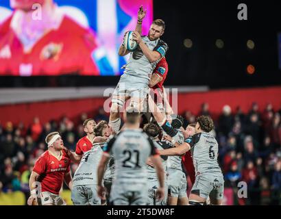 4 novembre 2023, Musgrave Park, Cork, Irlande - United Rugby Championship : Munster vs Dragons Banque D'Images