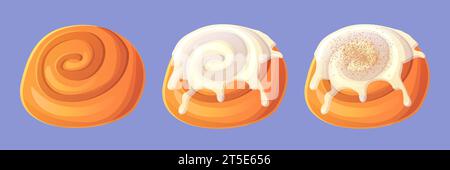 petit pain à la cannelle mis en place en différentes étapes. Avec glaçage blanc, sans glaçage et avec de la cannelle en poudre. Illustration de Vecteur