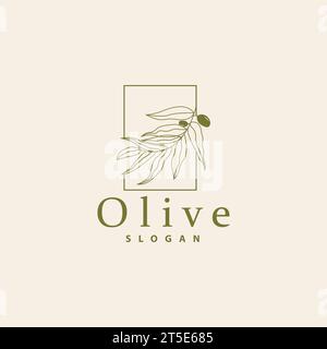 Logo de l'huile d'olive, vecteur de jardin de plantes à base de feuilles d'olive, illustration simple et élégante de modèle de conception d'icône luxueuse Illustration de Vecteur