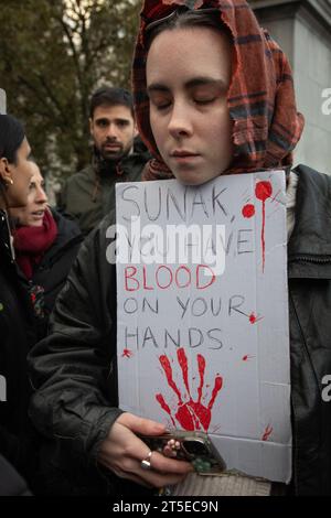 Londres, Royaume-Uni. 4 novembre 2023. Une jeune femme brandit une pancarte de protestation à Trafalgar Square où des milliers de personnes se sont rassemblées pour réclamer un cessez-le-feu à Gaza. La manifestation fait suite à la dernière flambée de violence entre le Hamas et Israël. Crédit : Kiki Streitberger/Alamy Live News Banque D'Images